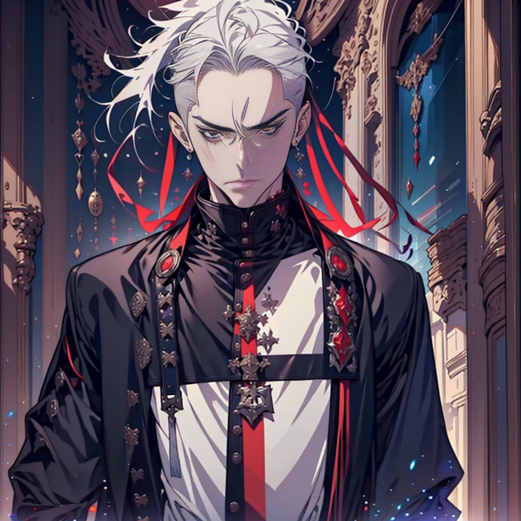 ultra - detailed,master piece ,best quality,2d,Niji style, male, 20-year-old, Perfect and clear body, slender,Androgynous male,beautiful face,thin eyebrows, ((( male ))), white hair,red eyes, red and blue clothes,Ninja Warrior, futuristic clothes, fantastic art clothes, fantastic scenery, adult fantasy, nijistyle, urbansamurai_v0.3,cartoon characters,cyber punk,sunny