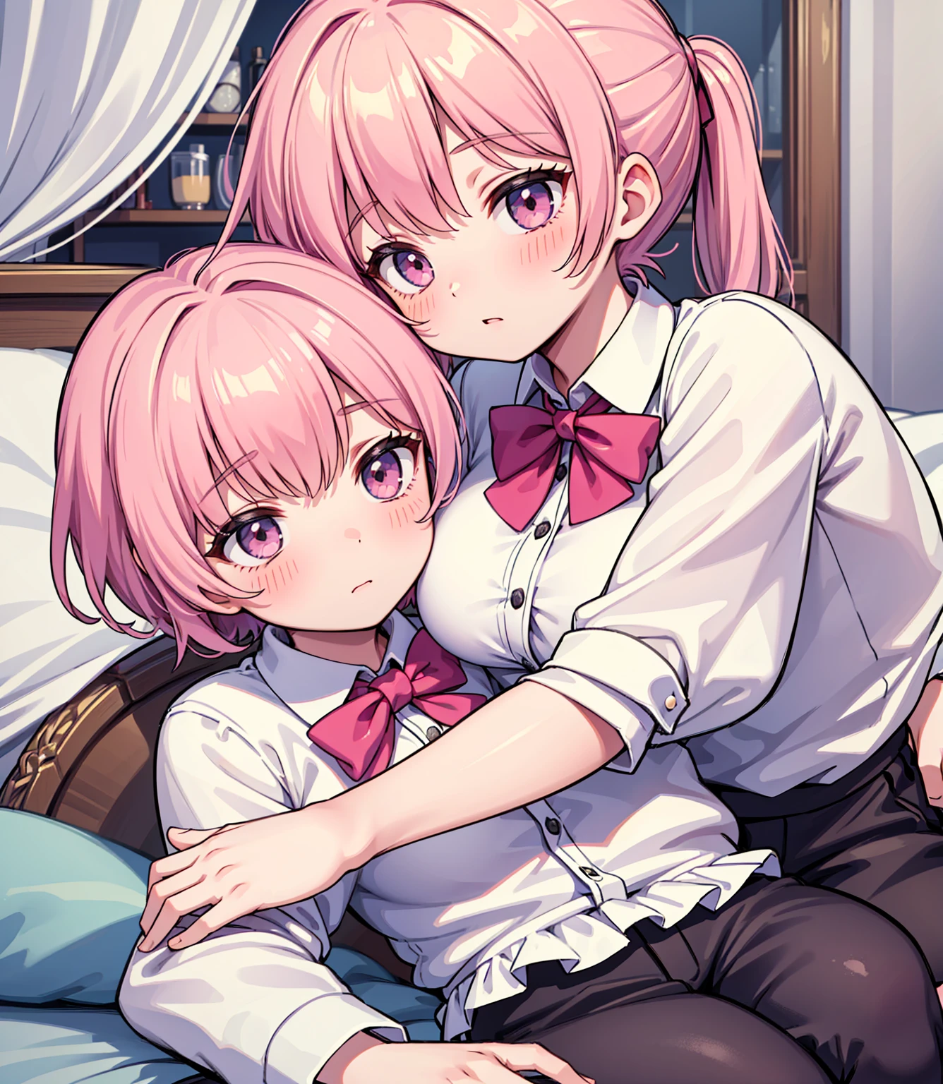 masterpiece, Highest quality, so beautiful, absurdists,High resolution,One girl, One boy,Cuddling in bed, like,sexly,Look at each one, blush,Age difference,bow tie,blondes,chest,Long Hair,Pink Hair,Tucked in shirt,short hair,skirt,Tent shirt,Slut,Big breasted sister and brother,Siblings, trousers,Pushing her big tits against her brother,(My brother's small erect penis),((((姉のHUGE breasts,Sister crushes her big tits in her brother's face)))),((((Very large breasts)),small penis,NSFW,潰れた Very large breasts)),(Bursting Breasts)