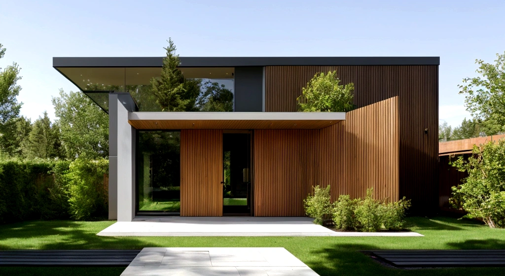 Modern minimalist architecture: The house will have a simple form, minimalist colors such as white, gray or natural wood. The clean lines are designed to create a feeling of neatness, modernity and harmony with the surrounding nature.

Windows and doors: Use many large windows to optimize natural brightness and the surrounding landscape. The entrance door will be designed to expand to connect the house with the outdoor space.
Garden and trees: Around the house there is a spacious garden, planted with trees to create shade and fresh air. Trees such as apple trees, orange trees, or green leaf trees can be used to add aesthetics and comfort to the space.
Simple and comfortable interior: Inside, the interior will be designed in a simple, modern style with natural materials such as wood and stone. Use simple but fully furnished furniture suitable for modern rural lifestyle.
Harmonious connection with nature: The house design will be optimized to make the most of the landscape and surrounding space, creating a harmonious and relaxing living environment., Photorealistic, 8k, ultra high res