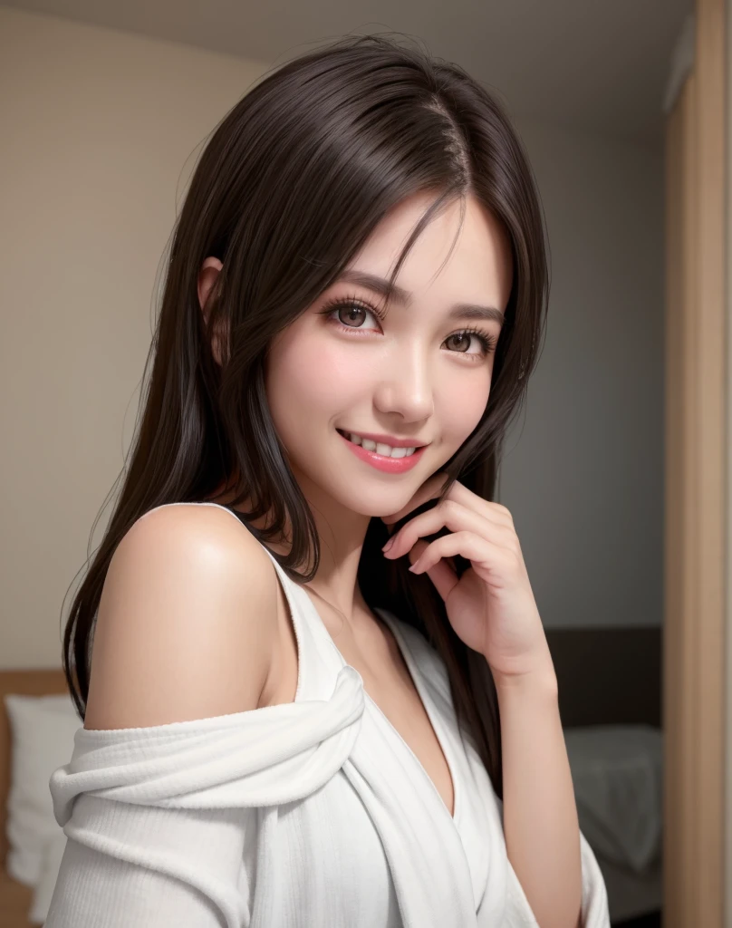 (Best Quality), (masutepiece), (High resolution), (Intricate details:0.2),(Professional Lighting), dressing gown, Detailed background, Oversized Black T-Shirt, off shoulders, (Previous view), 1girl in, Solo, (Beautiful face), Slim body, Fine skin, Smile, Sauvage's brown hair, Beautiful eyes, look at at viewer,