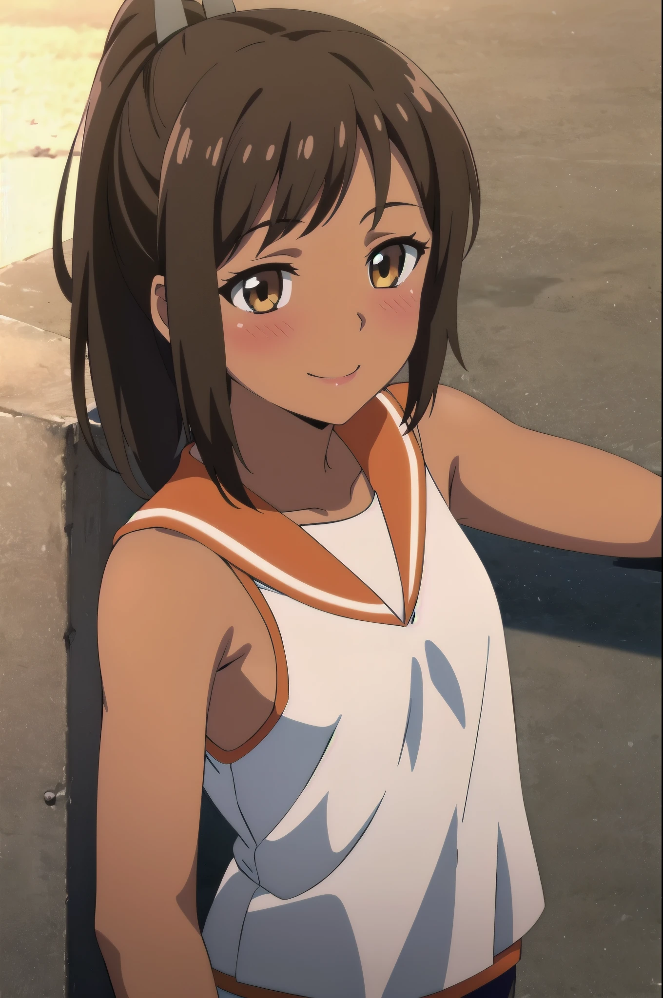 One Girl, alone, whole body, blush, smile, I401KC, Brown Hair, Short ponytail, White shirt, Sleeveless,One piece swimsuit, Bare arms, Sleeveless shirt, headgear, School Swimsuit, Sunburn, Sunburnlines, dark skin, Wear a swimsuit under your clothes, Sailor shirt, Orange sailor collar, 