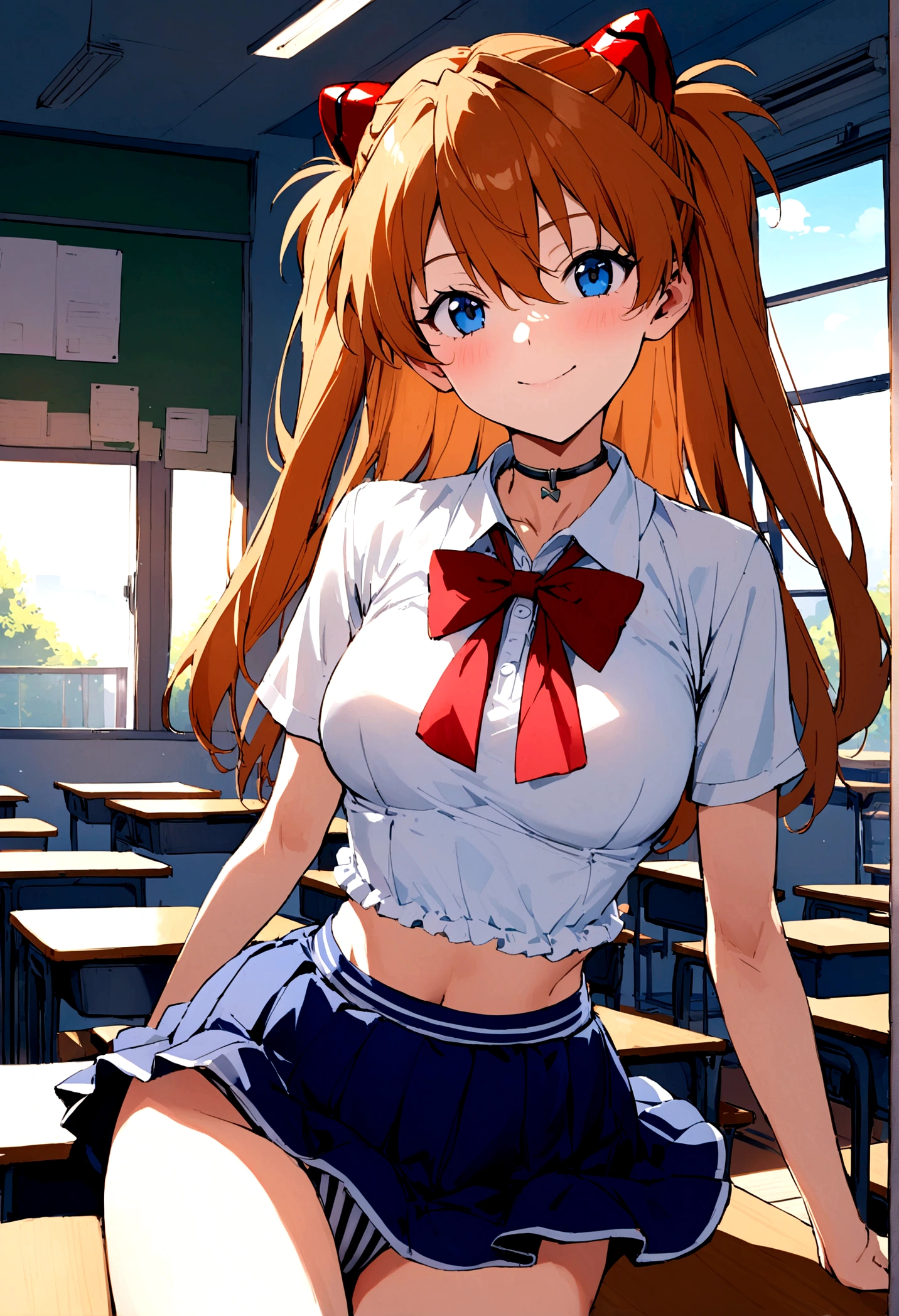 asuka Langley, blue , White short sleeve blouse, red bow on neck, long blue skirt, raised skirt, tight striped boyshort, beautiful and perfect legs, perfect body, whole body, Classroom, noon, perfect face smiling