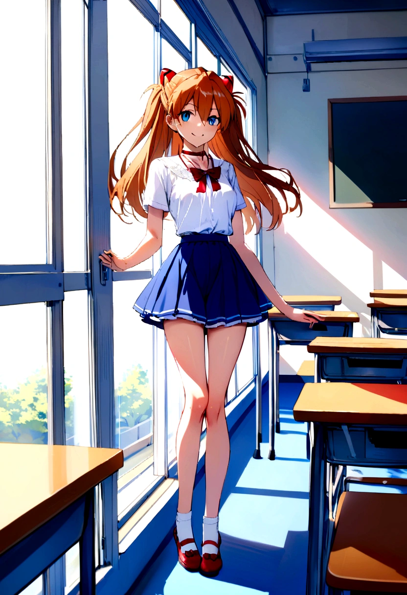 asuka Langley, blue , White short sleeve blouse, red bow on neck, long blue skirt, raised skirt, tight striped boyshort, beautiful and perfect legs, perfect body, whole body, Classroom, noon, perfect face smiling