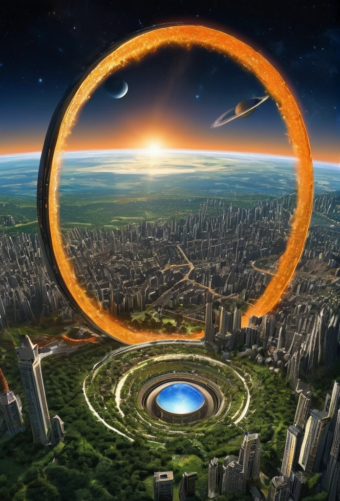 Image of a ring world , big ring world with heavy vegitation inside the ring , orbiting a orange dwarf star , ring world perispective , buildings and vegitation inside surface of the ring 