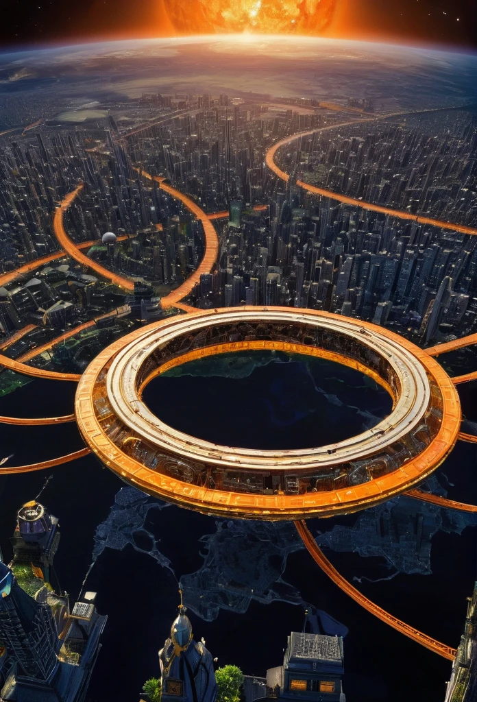 Image of a ring world , big ring world with heavy vegitation inside the ring , orbiting a orange dwarf star , ring world perispective , buildings and vegitation inside surface of the ring