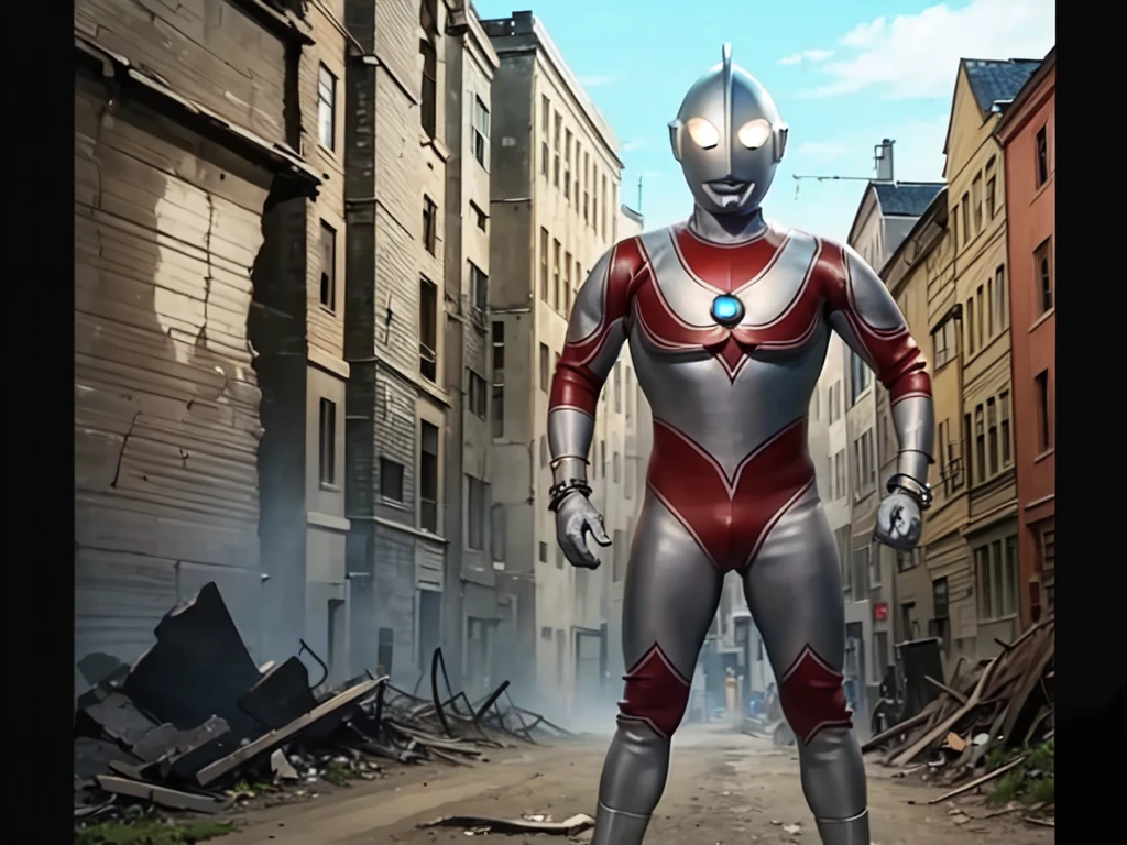 (masterpiece, best quality:1.3),extremely high detailed,intricate,8k,HDR,wallpaper,cowboy shot,(city),ruins,solo,ultraman,no humans,giant,latex bodysuit,bracelet,standing,art shift, ((POV shot)), holding viewer, ((massive bulge))