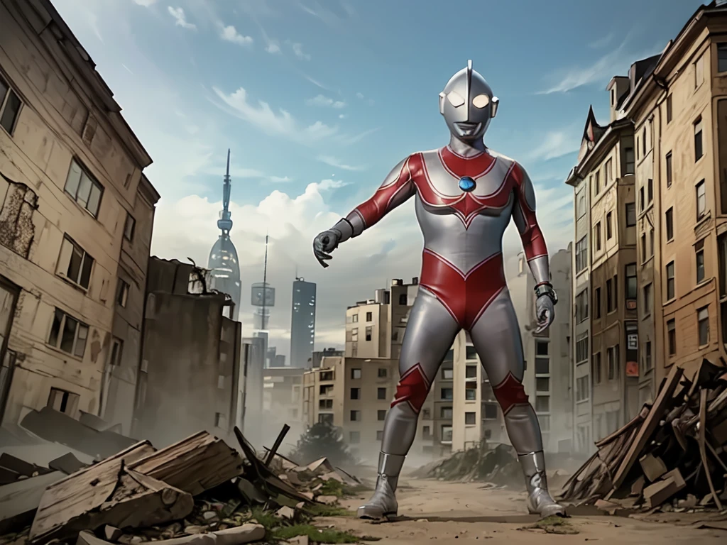 (masterpiece, best quality:1.3),extremely high detailed,intricate,8k,HDR,wallpaper,cowboy shot,(city),ruins,solo,ultraman,no humans,giant,latex bodysuit,bracelet,standing,art shift, ((POV shot)), holding viewer, ((massive bulge))