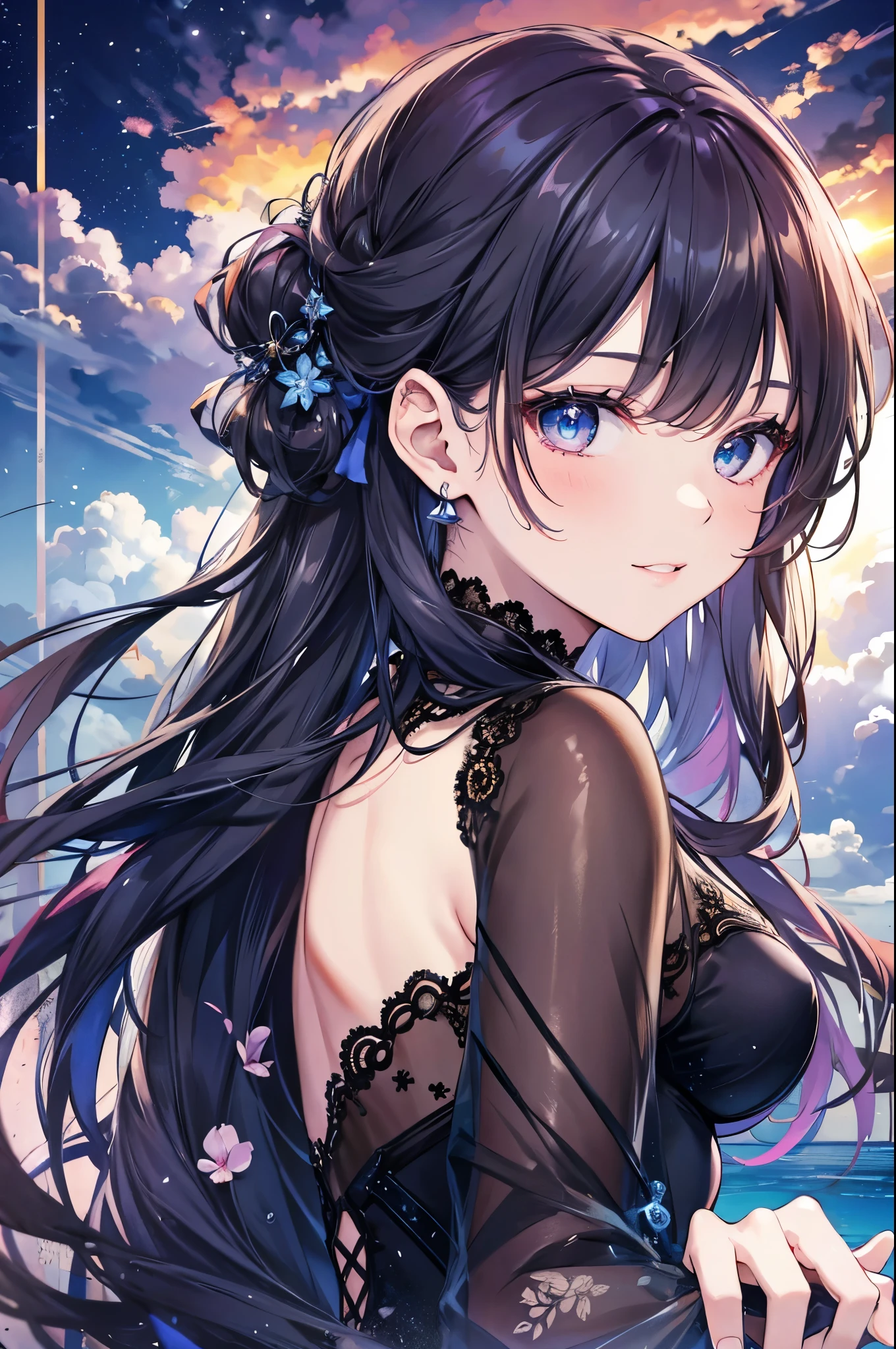 masterpiece、Highest quality、High resolution、High-quality images、8K, 1 female、Skin Radiance、Texture of skin and clothing、Expression of fine eyes、Shiny black hair,Long Hair Girl, Manga inspired by Lee Jong-suk, Trending on deviantart, realism, detailed manga style, Manga art style, Perfect Line Drawing, Beautiful line art, digital manga art girl, K-POPアイドル, dress, Beautiful Blue Eyes, Fuller lips, Gorgeous face with attention to detail, (Cute Smile), charm, Innocent, Side view, (Perfectly detailed face), (Beautiful Hands) Photorealistic images, Written boundary depth, Half-up hairstyle, Warm sunshine,Swimwear,cloud,empty,sunset ,The skin is delicate,