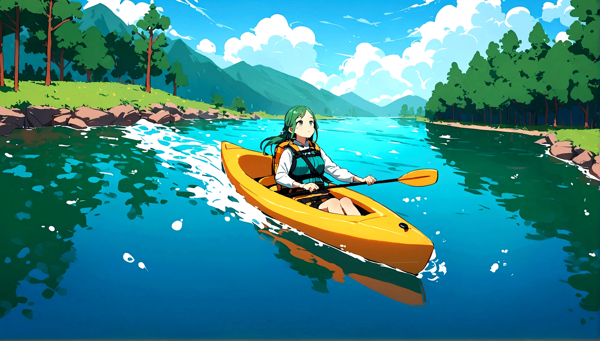 A woman wearing a life jacket kayaking, Gentle waves caressed her boat as it drifted up and down, There are small stones on both sides of the river.，Be enveloped by the majestic beauty of emerald green peaks and the serene charm of deep blue waters.Water splash，There are trees on both sides，The sky has beautiful clouds，Cartoon 4k