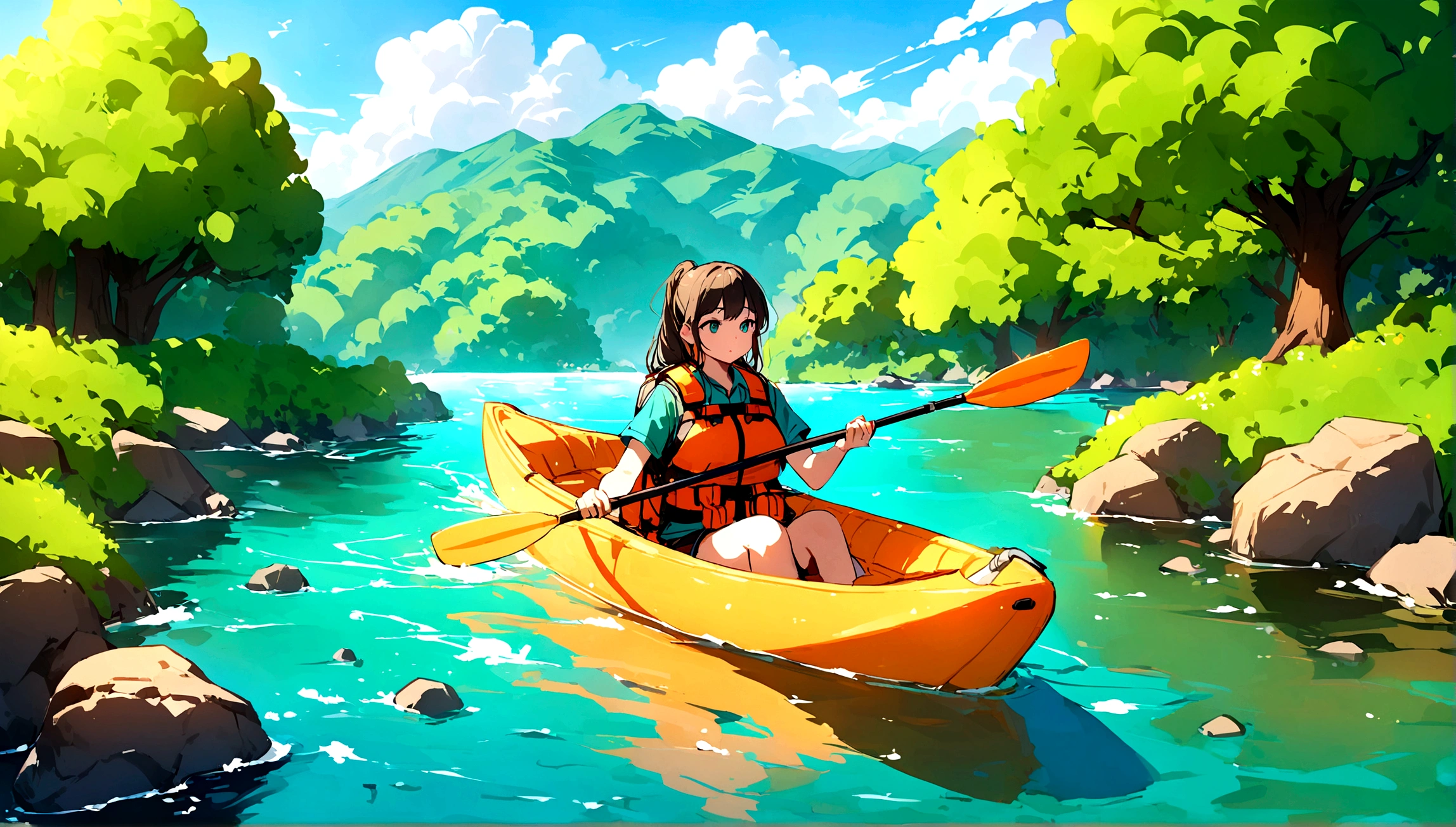 A woman wearing a life jacket kayaking, Gentle waves caressed her boat as it drifted up and down, There are small stones on both sides of the river.，Be enveloped by the majestic beauty of emerald green peaks and the serene charm of deep blue waters.Water splash，There are trees on both sides，The sky has beautiful clouds，Cartoon 4k
