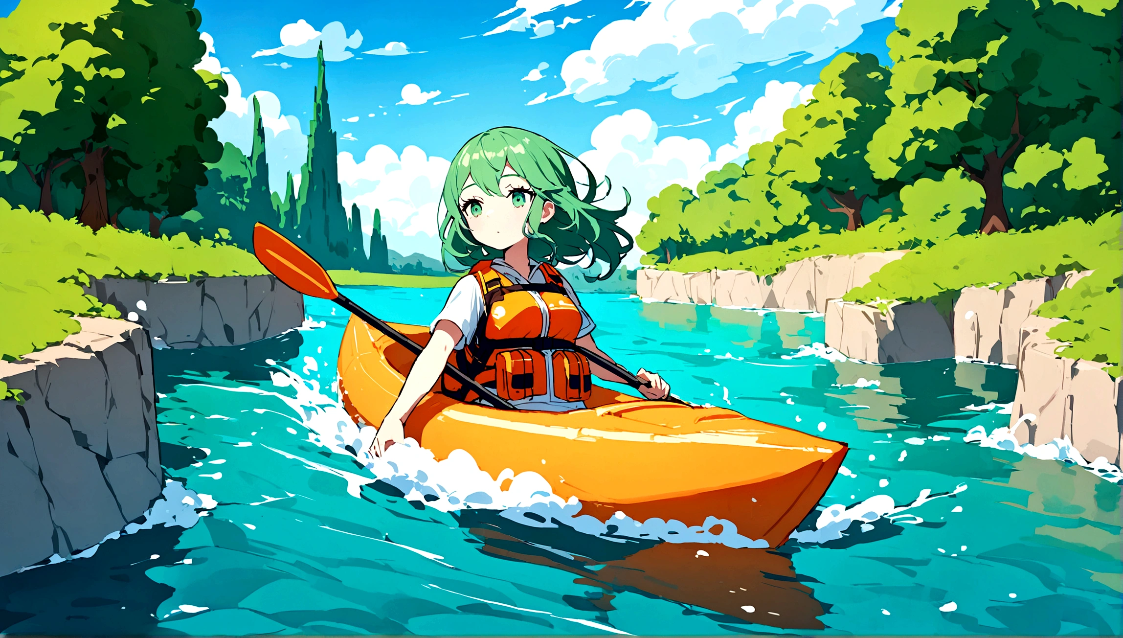 A woman wearing a life jacket kayaking, Gentle waves caressed her boat as it drifted up and down, There are small stones on both sides of the river.,Be enveloped by the majestic beauty of emerald green peaks and the serene charm of deep blue waters.Water splash,There are trees on both sides,The sky has beautiful clouds,Cartoon 4k