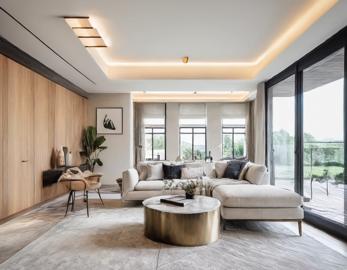 Raw photo, Masterpiece, high quality, best quality, authentic, super detail,
indoors, living room style modern, windows, ceiling lights, chandeliers, minimalist line, vivid color