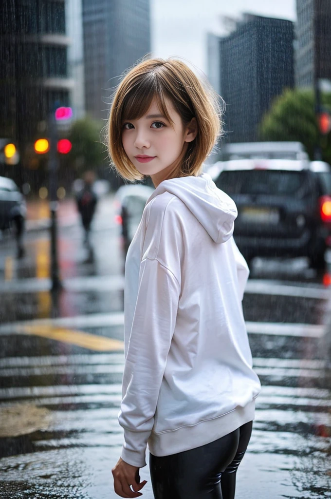 24year old beautiful girl、Half-Japanese beauty、Highest image quality、realistic、16K、beautiful woman、Very Short Hair、Pixie Cut、blondes、blondes、With bangs、Pretty slim、heavy rain、wet from heavy rain、In the middle of Shibuya、White hoodie、leggings、Wet in the rain、Heavy Rain、My hair got wet in the heavy rain、In heavy rain、A look asking for a kiss、Shooting from the sky、Full body、Back view