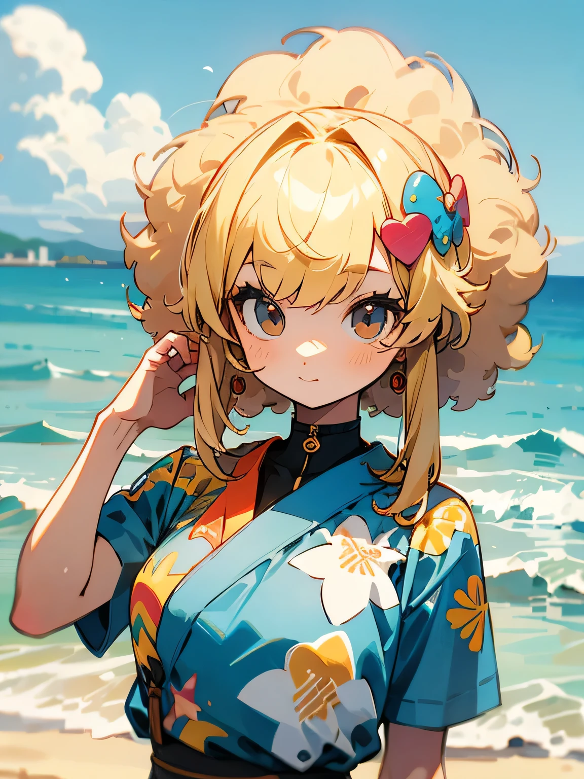 chibi,solo,upperbody,blonde soft afro hair, model pose, summer attractive outfit, resort, sandy beach, seaside,
