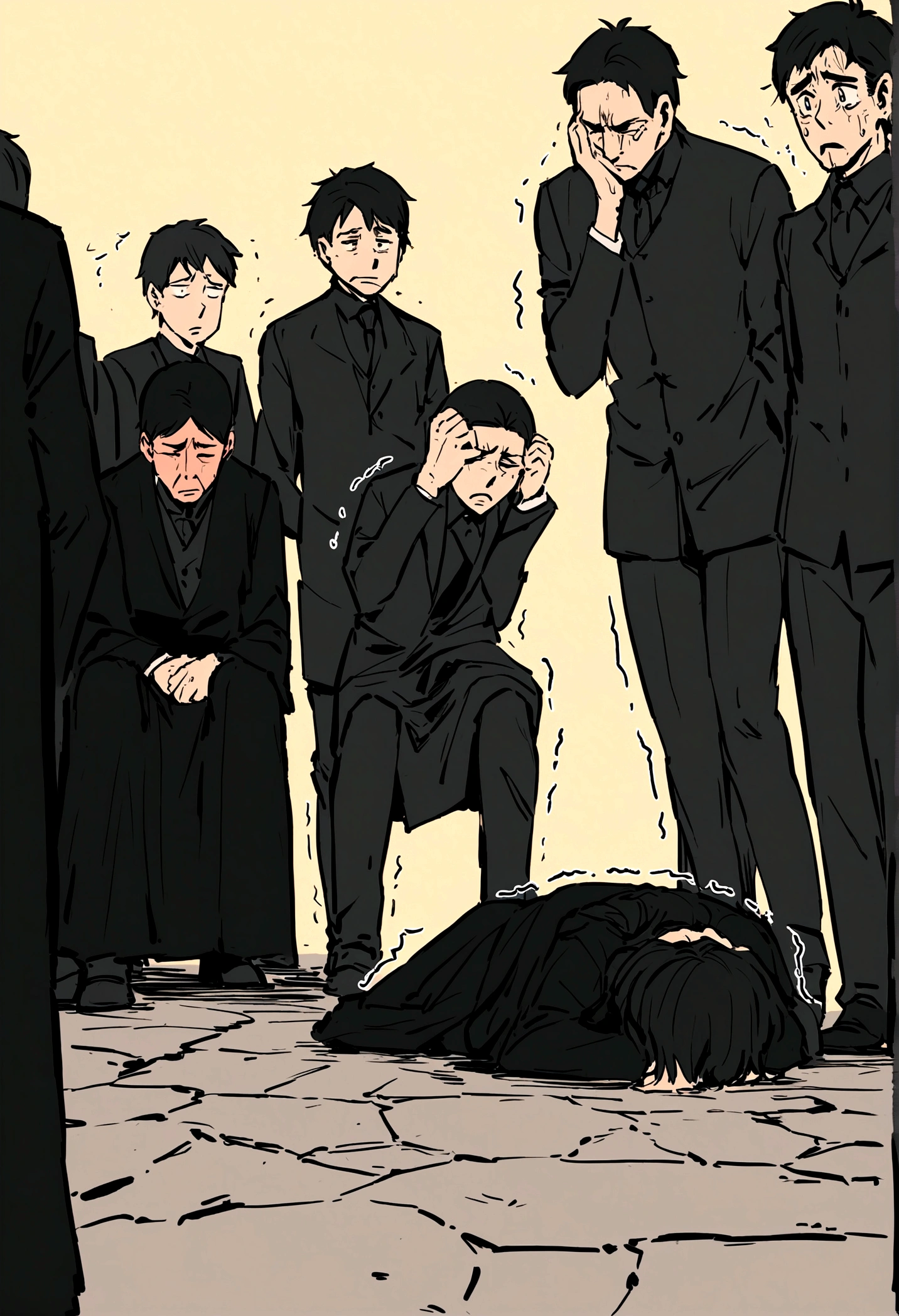 A group of about 10 people dressed in black with their faces covered , He sat down on the ground, holding his head and covering his ears, trembling in pain ( drawing in manga style )