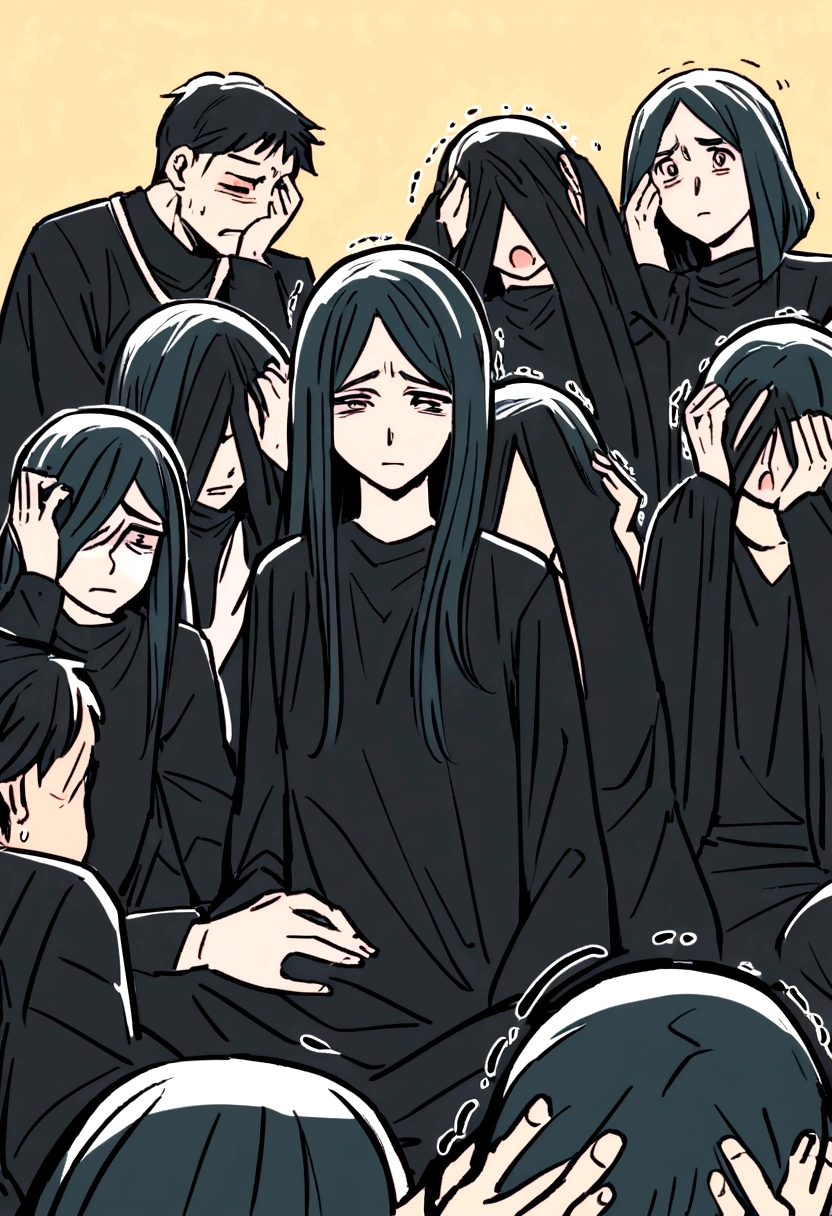 A group of about 10 people dressed in black with their faces covered , He sat down on the ground, holding his head and covering his ears, trembling in pain ( drawing in manga style )