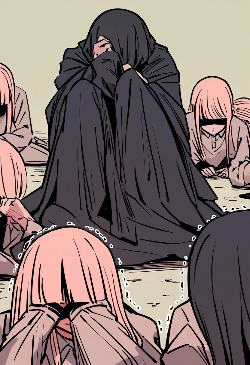 A group of about 10 people dressed in black with their faces covered , He sat down on the ground, holding his head and covering his ears, trembling in pain ( drawing in manga style )