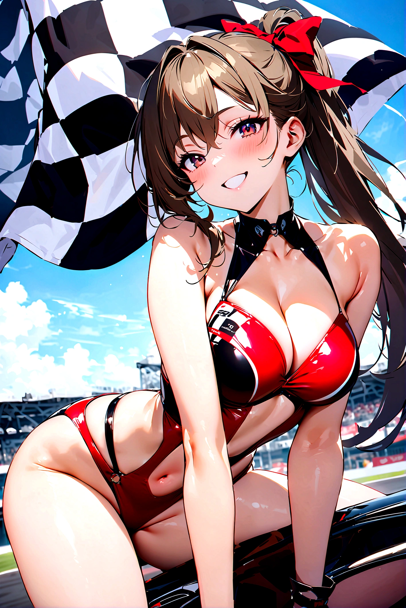 top-quality, Full limbs, complete fingers, 1 girl, ((one beautiful women, solo)), Beautiful small Breasts, Medium hair, poneytail, Race Queen Costume, Woman in red and white leotard with logo, Red arm cover, Tricolor parasol, Woman in long white boots, ((F1 Circuit, Formula 1, F1, racing car)), Naughty Poses, A big smile