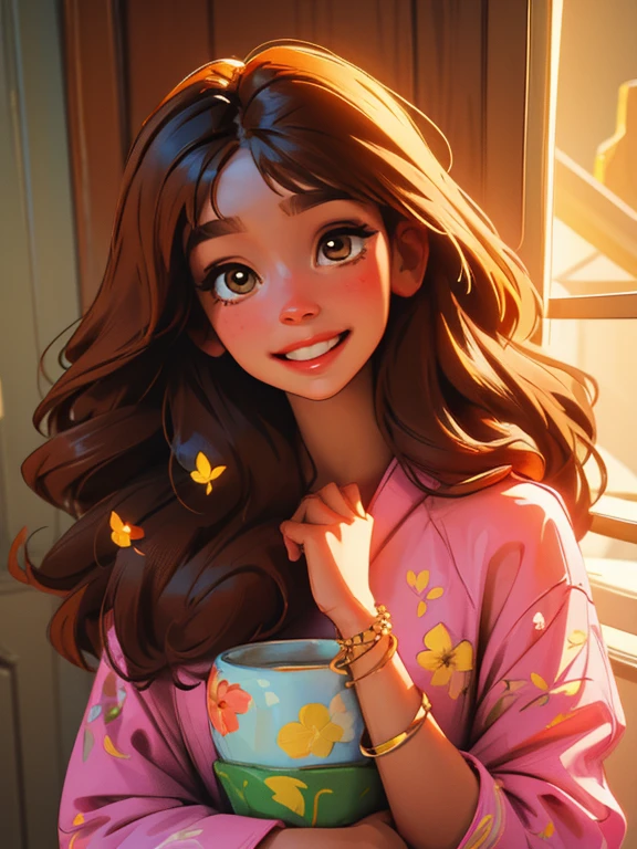 A young woman with long light brown hair, with soft waves that fall on her shoulders. She wears a pastel pink blouse, delicately embellished with yellow floral embroidery that adds a touch of brightness and joy. His eyes are a deep, warm brown tone., radiating sweetness and curiosity. On your wrist, She wears a yellow bracelet that complements her look, while a light breeze makes some strands of her hair move gently. His expression is serene and friendly, with a smile that lights up your face, reflecting a cheerful and optimistic personality.