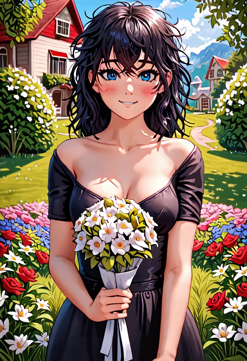 Anime style, source_anime, Medium round breasts, (ung Girl), ((black color hair: 5.2, long straight style, messy bangs)), blue eyes, double eyelids, light effect on the eyes, wide hips, black off-the-shoulder skirt dress , stylish, beautiful smile, shy, blush on cheeks, ((sexy body)), solo, best quality, masterpiece, portrait, flirting with viewer, sensual pose, detailed, perfect anatomy, detailed art, high definition, 4k , high resolution, garden, grass, holding bouquet of flowers, house