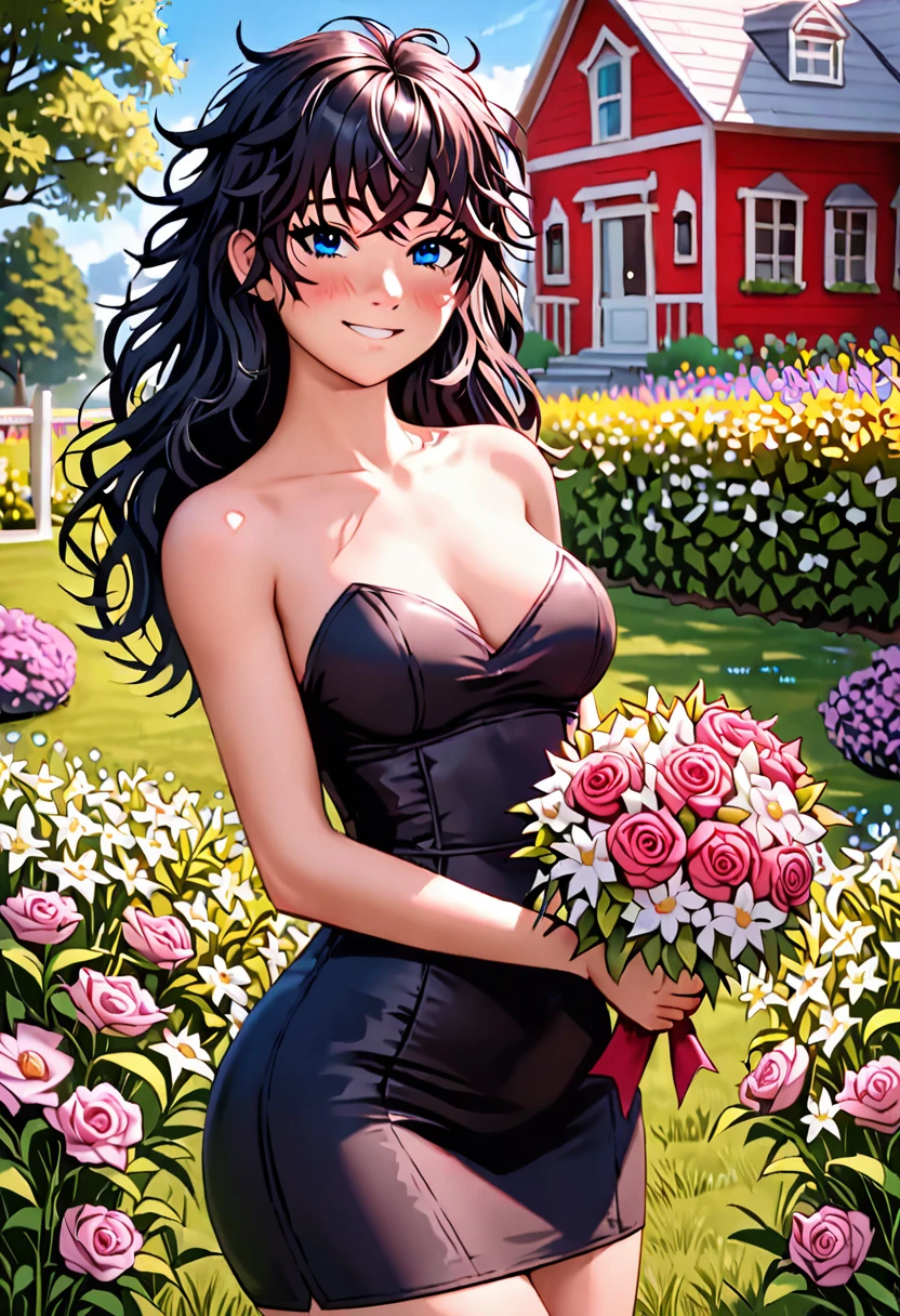Anime style, source_anime, Medium round breasts, (1 young Girl), ((black color hair: 5.2, long straight style, messy bangs)), blue eyes, double eyelids, light effect on the eyes, wide hips, black off-the-shoulder skirt dress , stylish, beautiful smile, shy, blush on cheeks, ((sexy body)), solo, best quality, masterpiece, portrait, flirting with viewer, sensual pose, detailed, perfect anatomy, detailed art, high definition, 4k , high resolution, garden, grass, holding bouquet of flowers, house