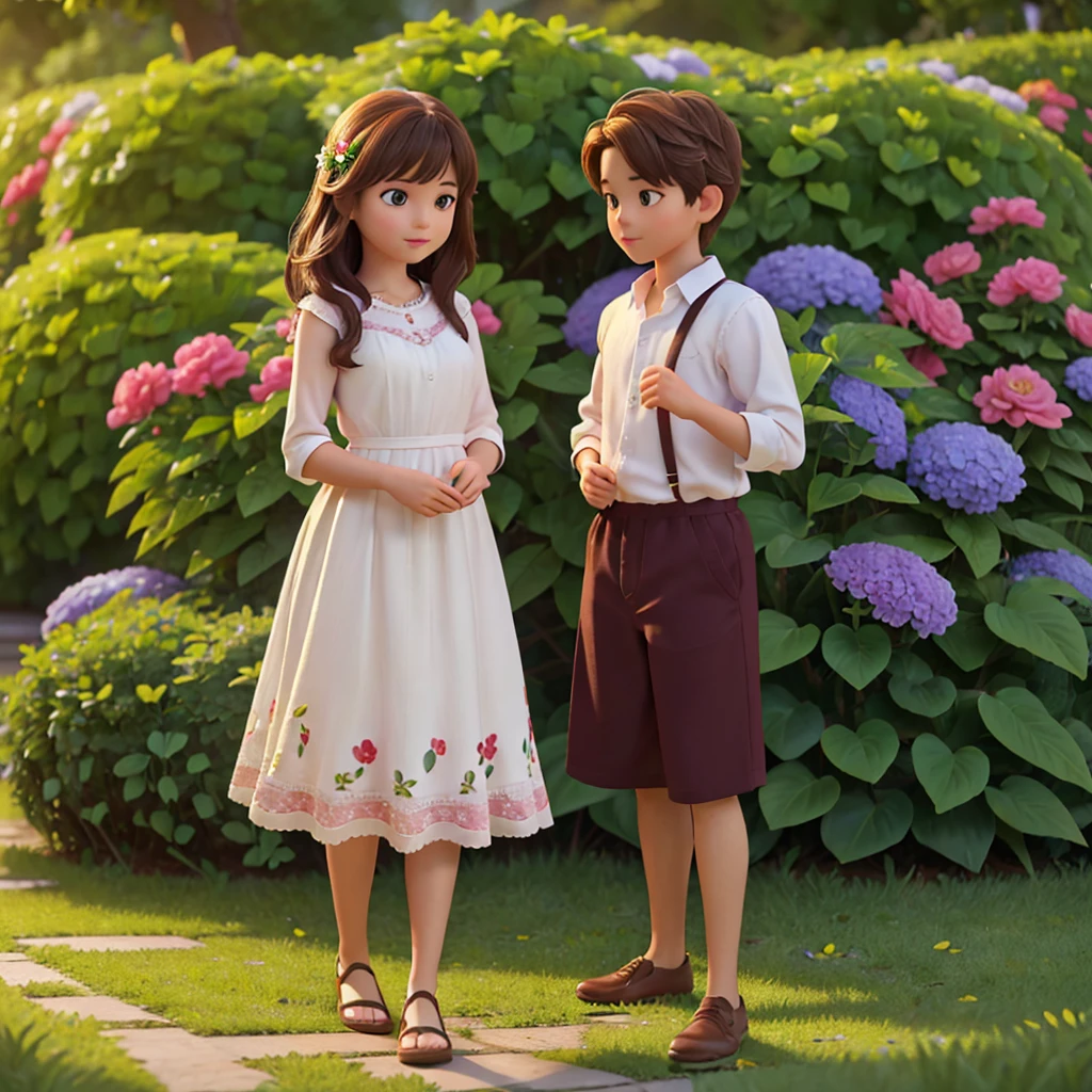 A beautiful girl and a handsome boy in a lush, colorful flower garden, (best quality,4k,8k,highres,masterpiece:1.2),ultra-detailed,(realistic,photorealistic,photo-realistic:1.37),intricate details,cinematic lighting,vibrant colors,romantic atmosphere,boy with striking features,girl with delicate features,warm afternoon sunlight,blooming flowers,winding paths,picturesque landscape,peaceful ambience,nature scenery