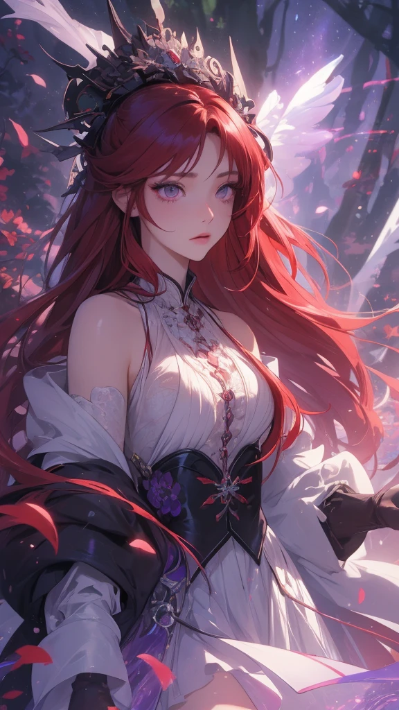 work of art, best qualityer, ultra epic details, (long scarlet red hair), purple iris eyes, Chinese hair, (emanating purple rays), black leagwear, forest in the background, rosto angelical ((Face ultra detailed)), (perfects eyes), frowning eyes, tied up hair, flushed skin, serious expression 