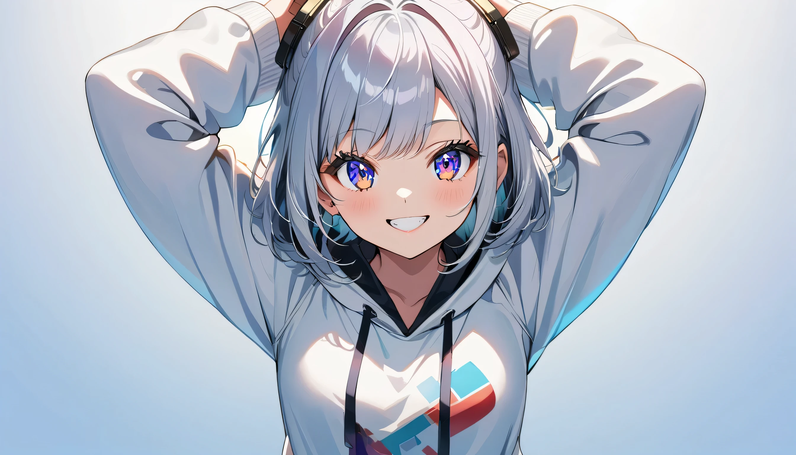 ((Masterpiece)), ((best quality)), (Anime:1.3), (super detail:1.2), (High Definition:1.3), (Professional Photography:1.3), cute young Girl, (T-pose:1.5), (Flying in the Sky), Glossy unruly hair, (loose swept bangs), (silver ash hair), medium hair, big eyes, (Eye bags:1.3), (Long eyelashes), colorful eyes, (Smile), Glossy lips, (jagged teeth), ((white hoodie with oversized)), barearms, cute, (hands in pocket), (colorful:1.3), gothic makeup, headphones,
