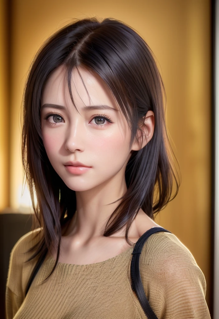 (masutepiece:1.3), (8K, Photorealistic, Raw photo, Best Quality: 1.4), (1girl in), Beautiful face, (Realistic face), (Black hair, Short hair:1.3), Beautiful hairstyle, Realistic eyes, Beautiful detailed eyes, (Realistic skin), Beautiful skin, (Sweaters), absurderes, Attractive, 超A high resolution, A hyper-realistic, Highly detailed, Golden ratio