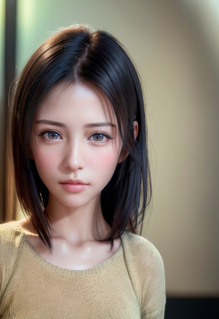 (masutepiece:1.3), (8K, Photorealistic, Raw photo, Best Quality: 1.4), (1girl in), Beautiful face, (Realistic face), (Black hair, Short hair:1.3), Beautiful hairstyle, Realistic eyes, Beautiful detailed eyes, (Realistic skin), Beautiful skin, (Sweaters), absurderes, Attractive, 超A high resolution, A hyper-realistic, Highly detailed, Golden ratio