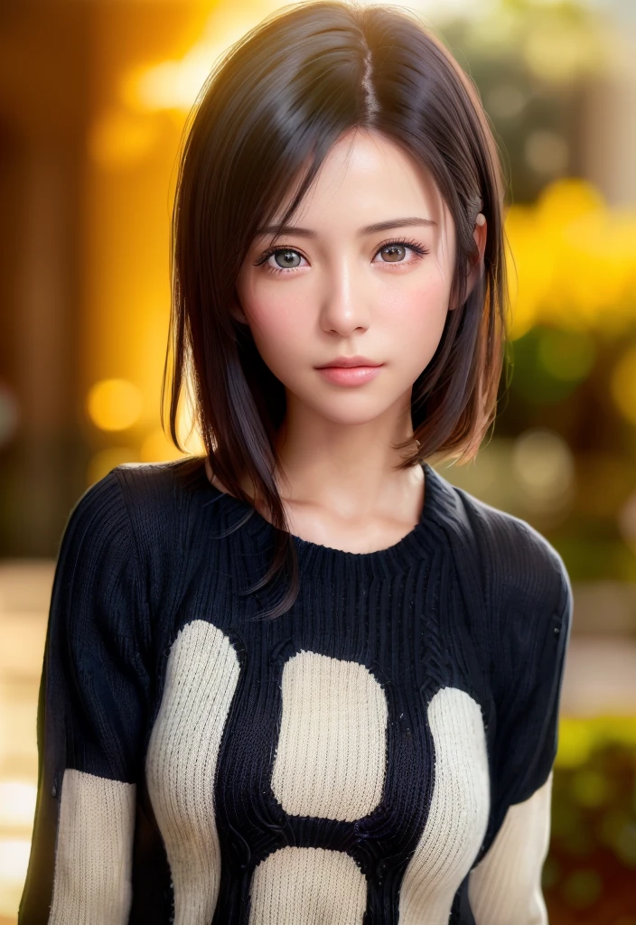 (masutepiece:1.3), (8K, Photorealistic, Raw photo, Best Quality: 1.4), (1girl in), Beautiful face, (Realistic face), (Black hair, Short hair:1.3), Beautiful hairstyle, Realistic eyes, Beautiful detailed eyes, (Realistic skin), Beautiful skin, (Sweaters), absurderes, Attractive, 超A high resolution, A hyper-realistic, Highly detailed, Golden ratio