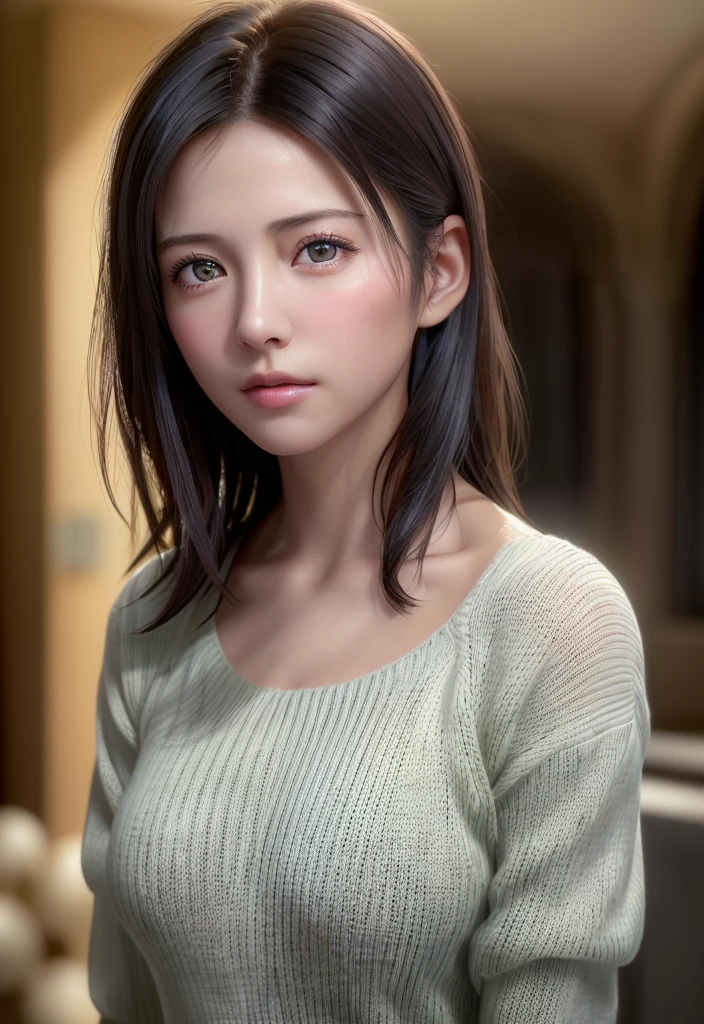 (masutepiece:1.3), (8K, Photorealistic, Raw photo, Best Quality: 1.4), (1girl in), Beautiful face, (Realistic face), (Black hair, Short hair:1.3), Beautiful hairstyle, Realistic eyes, Beautiful detailed eyes, (Realistic skin), Beautiful skin, (Sweaters), absurderes, Attractive, 超A high resolution, A hyper-realistic, Highly detailed, Golden ratio