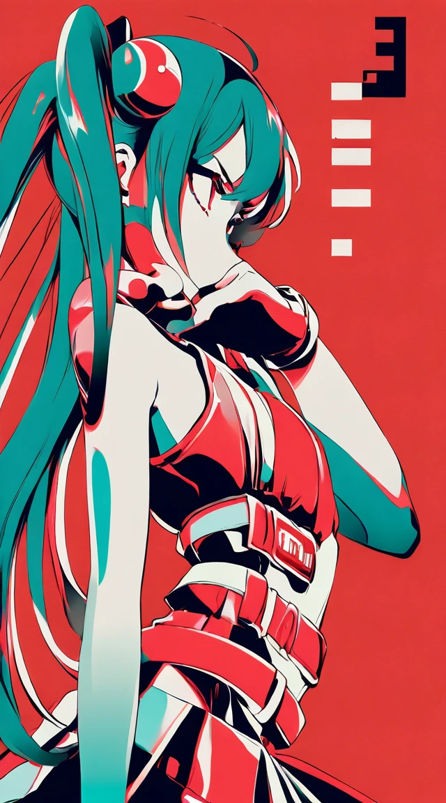One girl,(Flat Color, Limited edition palette, bold lines)
BREAK One girl, hatsune miku, , Upper Body, Uppercut, Red background