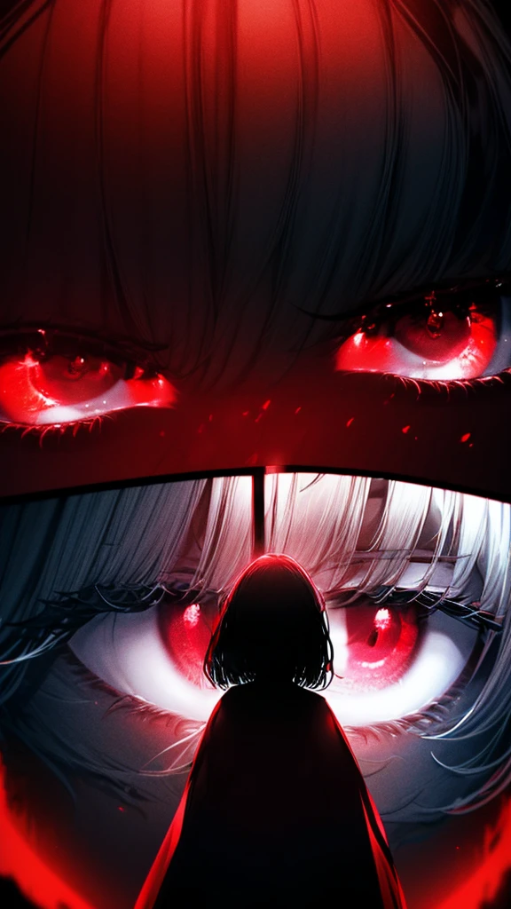 a woman with red eyes stands in front of a window, beautiful eyes are visible on a large monitor screen in the background, A girl in the center, a silhouette of a girl in the center, red lighting, glowing red eyes, a dim room, lighting from screens, monitor panels that depict girls, eyes are visible on monitor panels.