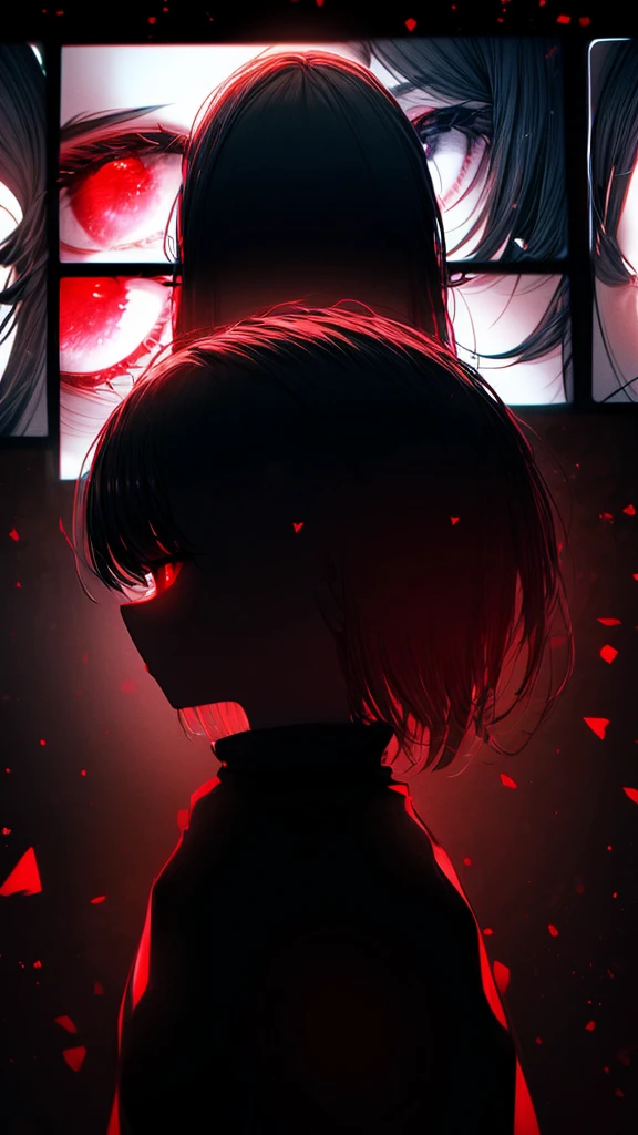 a woman with red eyes stands in front of a window, beautiful eyes are visible on a large monitor screen in the background, A girl in the center, a silhouette of a girl in the center, red lighting, glowing red eyes, a dim room, lighting from screens, monitor panels that depict girls, eyes are visible on monitor panels.