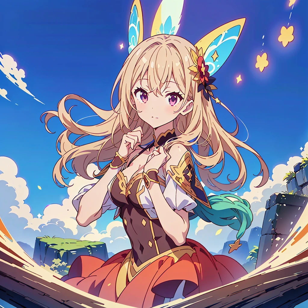 1girl、Star Fairy、(((Highest quality、Masterpiece、Official Art、The best dynamic composition、Super detailed、Anime Style)))、The fairy&#39;s wings are small and cute with a strong sense of transparency and pastel colors.、Star Stick、Milky white and navy blue gradation hair color、peace、A picture facing the viewer、A peace sign is shown with hands held out in front of the viewer、The background is simple green、