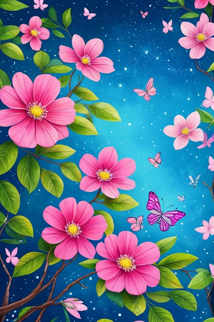 a painting of a tree with flowers and butterflies in the sky, 🌺 cgsociety, magical flowers, glowing flowers, night sky full of flowers, very beautiful digital art, beautiful digital artwork, dawn cgsociety, trending on cgsociety art, beautiful digital art, beautiful depiction, beautiful gorgeous digital art, gorgeous digital art, by Yang J, cgsociety saturated colors