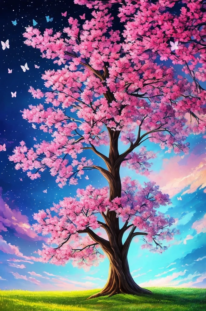a painting of a tree with flowers and butterflies in the sky, 🌺 cgsociety, magical flowers, glowing flowers, night sky full of flowers, very beautiful digital art, beautiful digital artwork, dawn cgsociety, trending on cgsociety art, beautiful digital art, beautiful depiction, beautiful gorgeous digital art, gorgeous digital art, by Yang J, cgsociety saturated colors