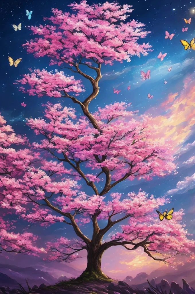 a painting of a tree with flowers and butterflies in the sky, 🌺 cgsociety, magical flowers, glowing flowers, night sky full of flowers, very beautiful digital art, beautiful digital artwork, dawn cgsociety, trending on cgsociety art, beautiful digital art, beautiful depiction, beautiful gorgeous digital art, gorgeous digital art, by Yang J, cgsociety saturated colors