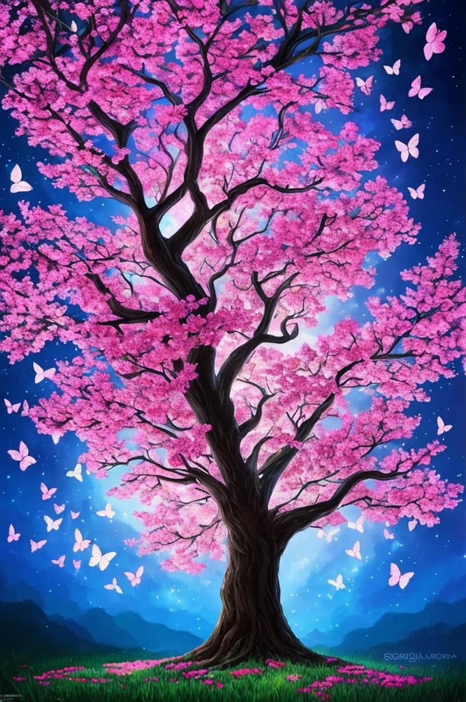 a painting of a tree with flowers and butterflies in the sky, 🌺 cgsociety, magical flowers, glowing flowers, night sky full of flowers, very beautiful digital art, beautiful digital artwork, dawn cgsociety, trending on cgsociety art, beautiful digital art, beautiful depiction, beautiful gorgeous digital art, gorgeous digital art, by Yang J, cgsociety saturated colors