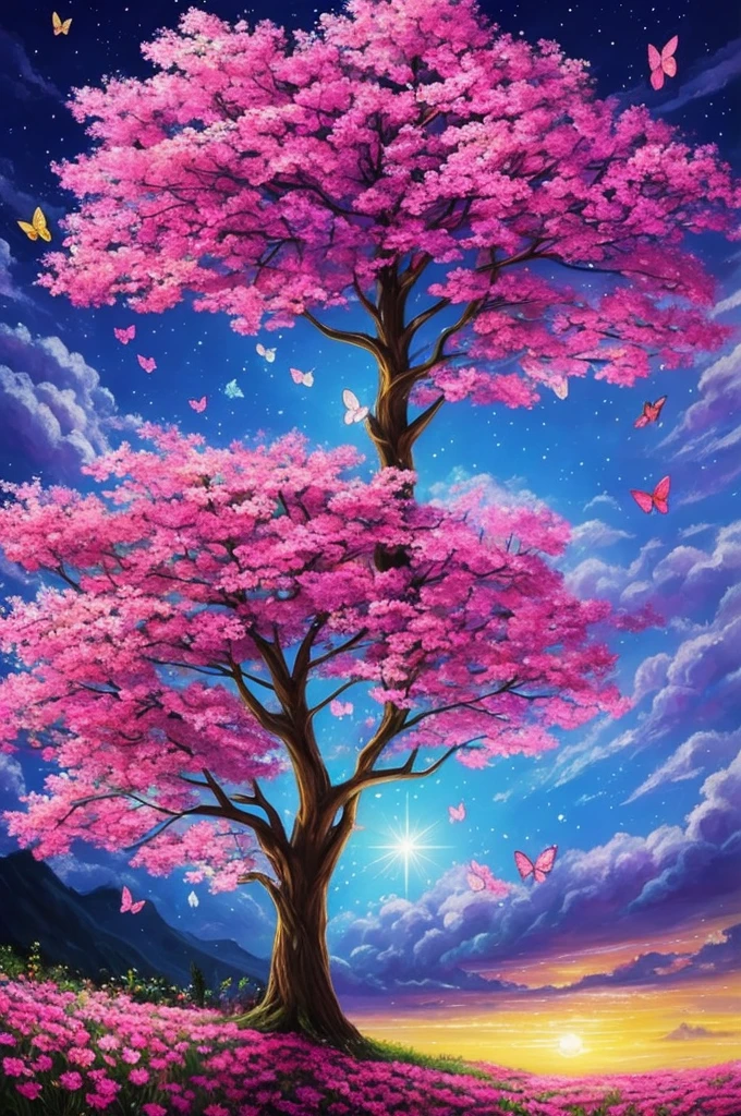 a painting of a tree with flowers and butterflies in the sky, 🌺 cgsociety, magical flowers, glowing flowers, night sky full of flowers, very beautiful digital art, beautiful digital artwork, dawn cgsociety, trending on cgsociety art, beautiful digital art, beautiful depiction, beautiful gorgeous digital art, gorgeous digital art, by Yang J, cgsociety saturated colors