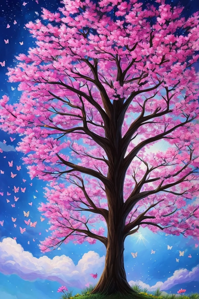 a painting of a tree with flowers and butterflies in the sky, 🌺 cgsociety, magical flowers, glowing flowers, night sky full of flowers, very beautiful digital art, beautiful digital artwork, dawn cgsociety, trending on cgsociety art, beautiful digital art, beautiful depiction, beautiful gorgeous digital art, gorgeous digital art, by Yang J, cgsociety saturated colors