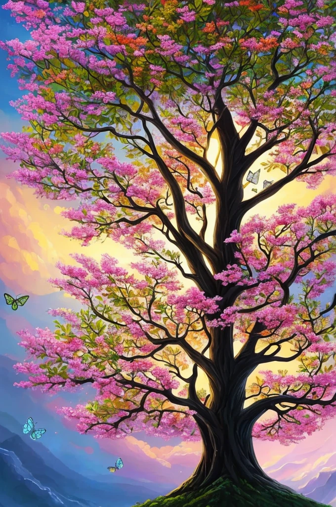 a painting of a tree with flowers and butterflies in the sky, a digital painting by Yang J, trending on cgsociety, fantasy art, 🌺 cgsociety, magical flowers, glowing flowers, night sky full of flowers, very beautiful digital art, dawn cgsociety, beautiful digital artwork, trending on cgsociety art, beautiful digital art, beautiful gorgeous digital art, beautiful depiction