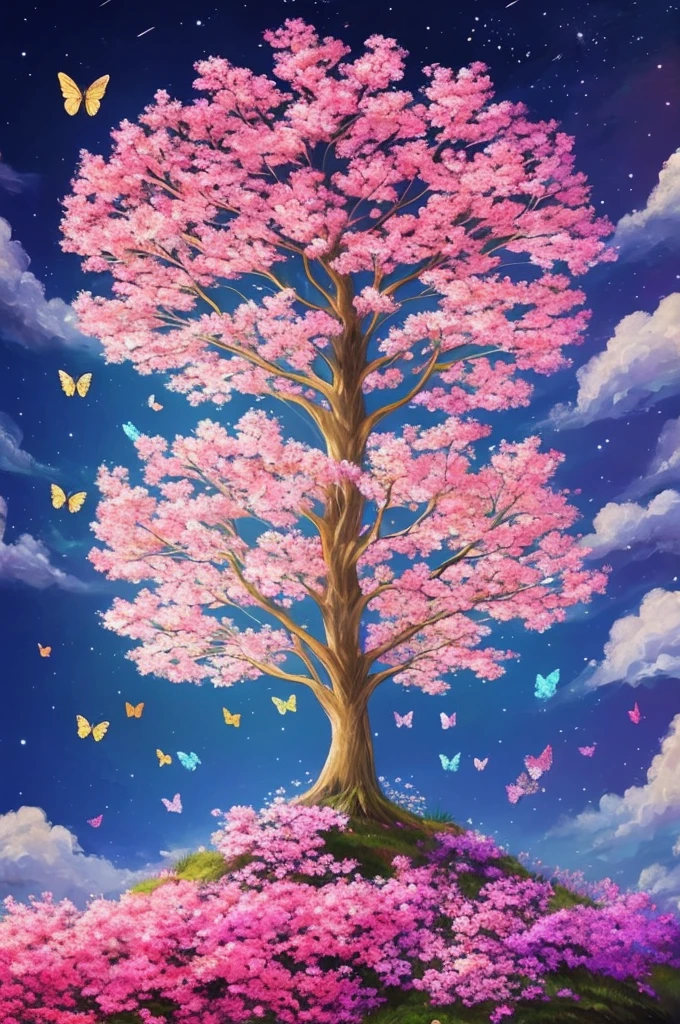 a painting of a tree with flowers and butterflies in the sky, 🌺 cgsociety, magical flowers, glowing flowers, night sky full of flowers, very beautiful digital art, beautiful digital artwork, dawn cgsociety, trending on cgsociety art, beautiful digital art, beautiful depiction, beautiful gorgeous digital art, gorgeous digital art, by Yang J, cgsociety saturated colors