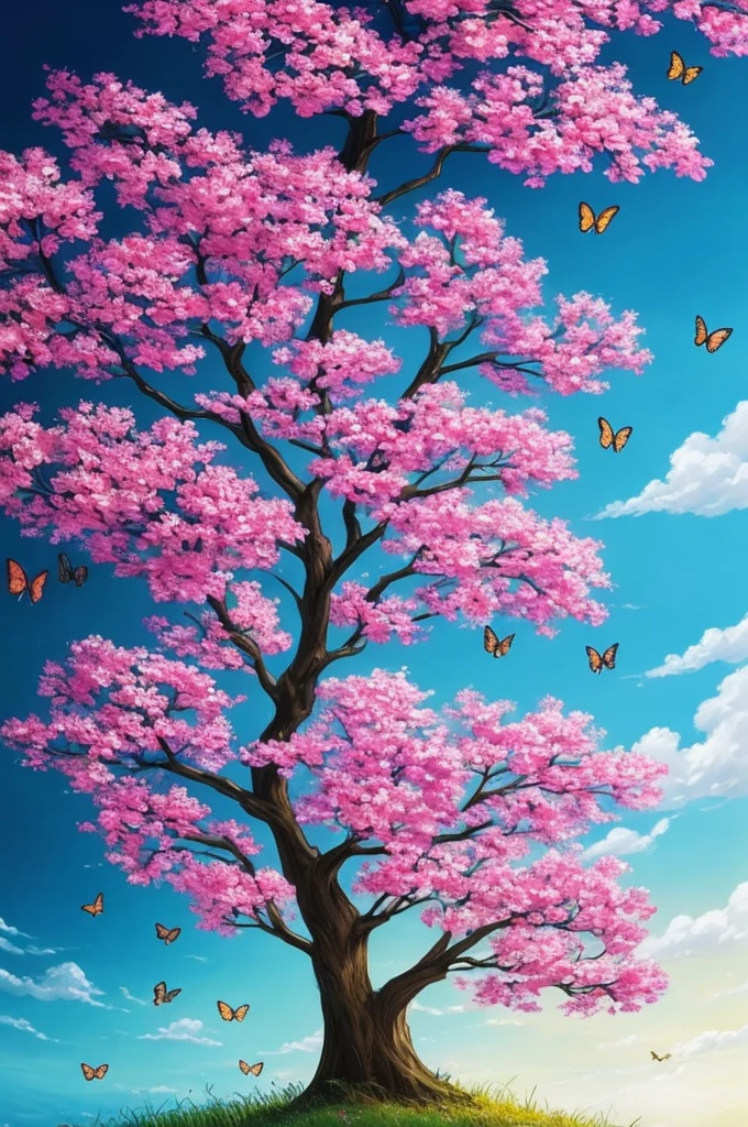 a painting of a tree with flowers and butterflies in the sky, a digital painting by Yang J, trending on cgsociety, fantasy art, 🌺 cgsociety, magical flowers, glowing flowers, night sky full of flowers, very beautiful digital art, dawn cgsociety, beautiful digital artwork, trending on cgsociety art, beautiful digital art, beautiful gorgeous digital art, beautiful depiction