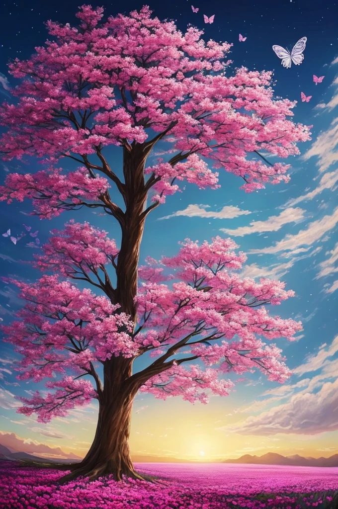 a painting of a tree with flowers and butterflies in the sky, a digital painting by Yang J, trending on cgsociety, fantasy art, 🌺 cgsociety, magical flowers, glowing flowers, night sky full of flowers, very beautiful digital art, dawn cgsociety, beautiful digital artwork, trending on cgsociety art, beautiful digital art, beautiful gorgeous digital art, beautiful depiction