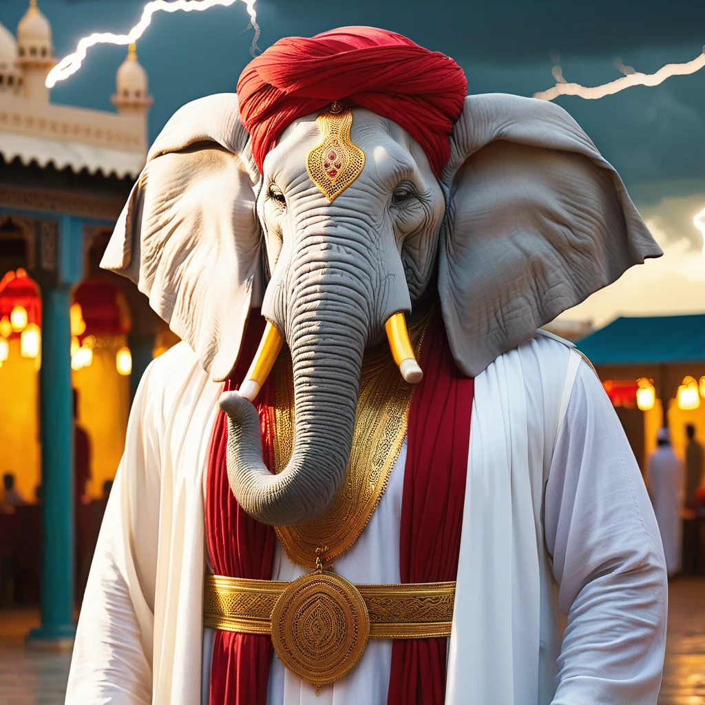 (1 white elephant-humanoid male with lightbody fur:1.5), solo, wearing arabic priest cloathing, red turban på hovedet, fullbody-image, facing viewers, detailed elephant cleric male, long beefy carved tusks, semi strong body, (smirk:1.1), (nose blush:1.1), (big yellow eyes:1.1), beautiful detailed face, cinematic lighting, shot on canon 5d, 2 two perfect tusks, one perfect trunk, detailed background of an Arabic city bay, with a lighting storm in the horizon. No jewellery at all.