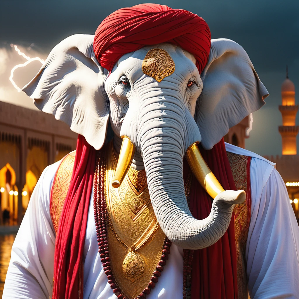 (1 white elephant-humanoid male with lightbody fur:1.5), solo, wearing arabic priest cloathing, red turban på hovedet, fullbody-image, facing viewers, detailed elephant cleric male, long beefy carved tusks, semi strong body, (smirk:1.1), (nose blush:1.1), (big yellow eyes:1.1), beautiful detailed face, cinematic lighting, shot on canon 5d, 2 two perfect tusks, one perfect trunk, detailed background of an Arabic city bay, with a lighting storm in the horizon. No jewellery at all.