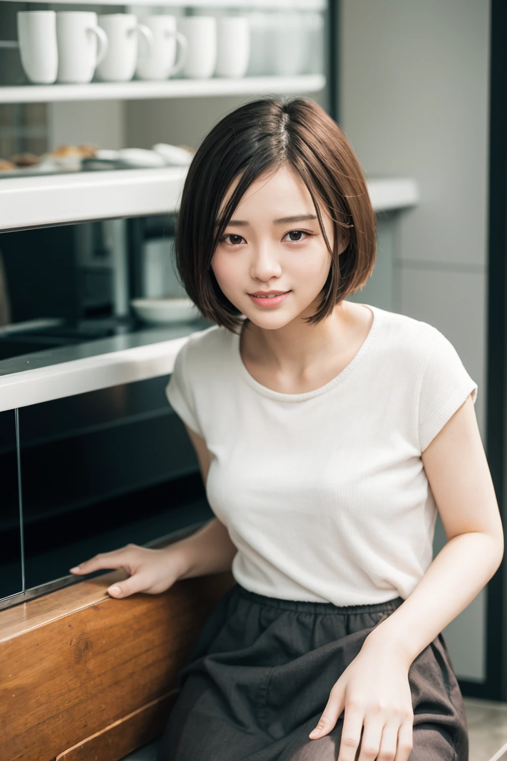 4k, Top quality, 1 beautiful woman, super short Hair, wearing skirt, shy-smile, Sunlight, at cafe
