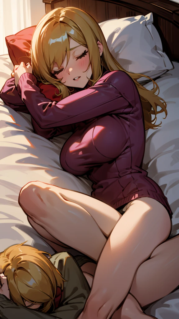 Samus Aran, wearing a cozy sweater, massive breasts, cuddling with her son in bed while he sleeps on her 